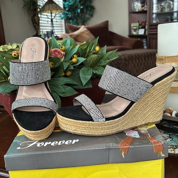 Brand New Black & Silver Crystal Rhinestone Wedge Sandals Sparkly Sexy 4.5” Heel - Picture 15 of 16